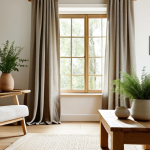 **A sun-drenched living room featuring linen curtains softly filtering light, complemented by a solid oak coffee table and a hand-thrown ceramic vase holding fresh greenery.  The overall aesthetic should be cozy and elegant, emphasizing natural textures and muted tones, reminiscent of a Scandinavian design.**
