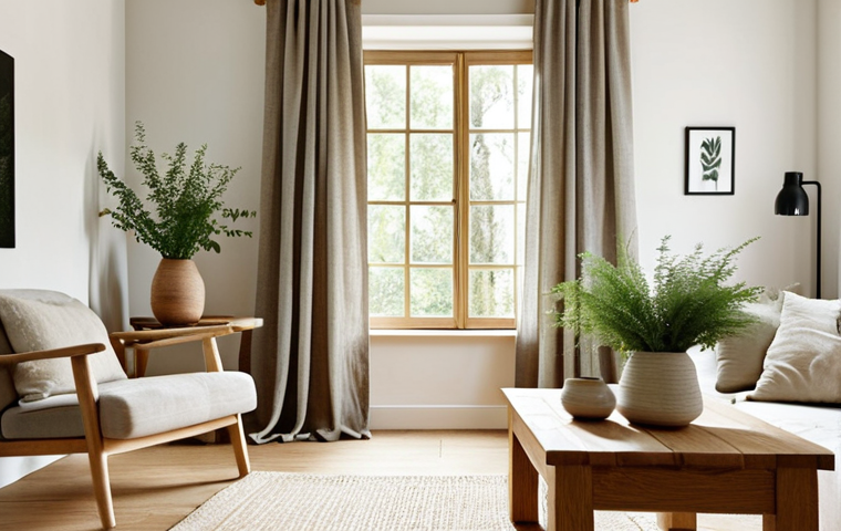 **A sun-drenched living room featuring linen curtains softly filtering light, complemented by a solid oak coffee table and a hand-thrown ceramic vase holding fresh greenery. The overall aesthetic should be cozy and elegant, emphasizing natural textures and muted tones, reminiscent of a Scandinavian design.**